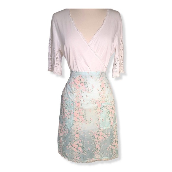 Vintage 50s Housewife Kitchen Apron Pastel Floral Flocked Dainty Retro MCM 60s - Picture 11 of 16